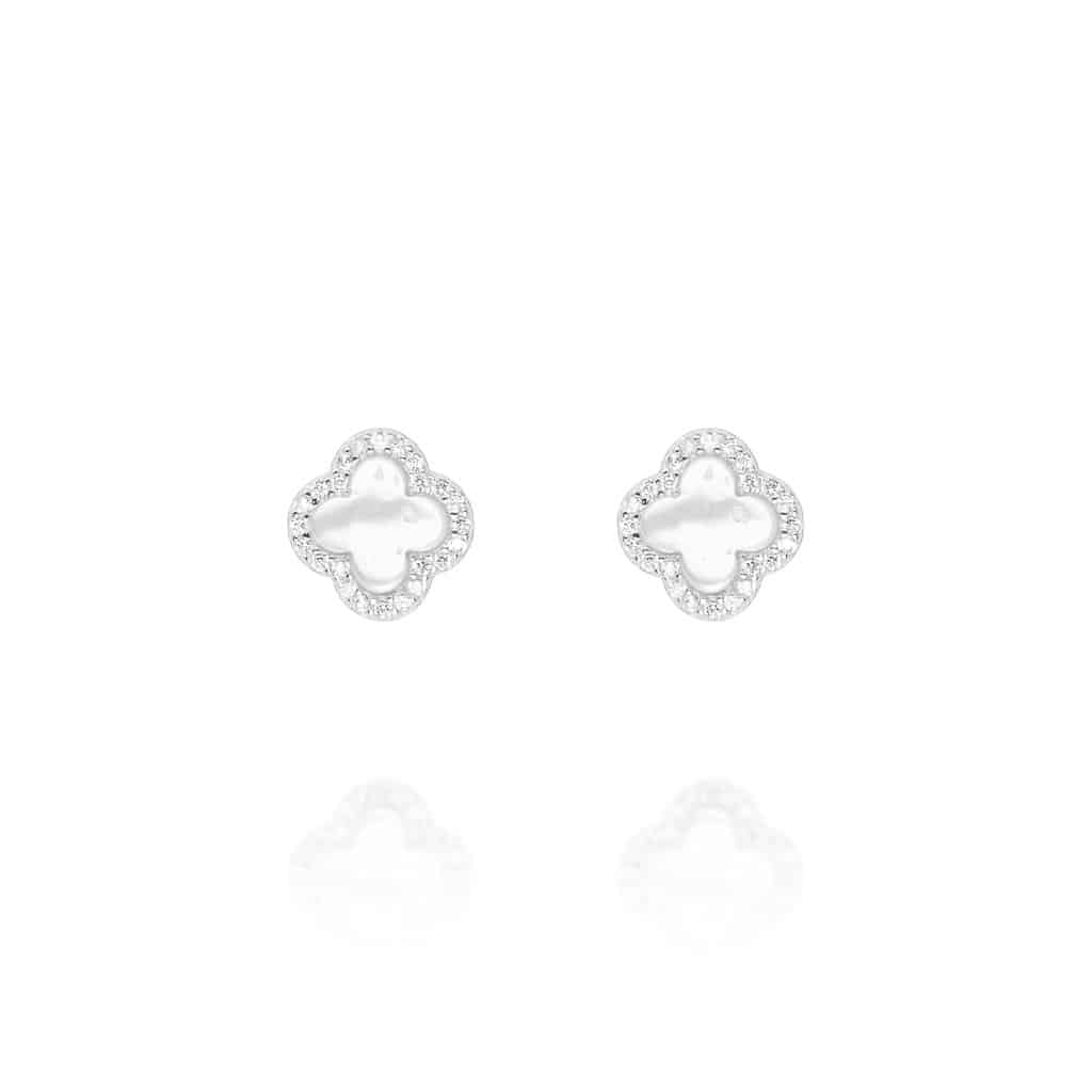 Clover Stud Earrings with Mother of Pearl and Cubic Zirconia (Silver)