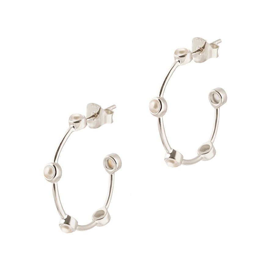 Pearl Studded Silver Hoop Earrings (Medium) - Amica