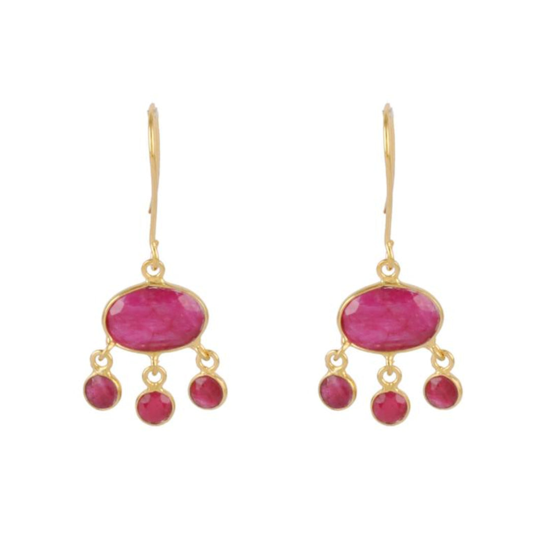 Gold Amber Drop Earrings with Ruby Red Sillimanite - Lulu B Jewellery