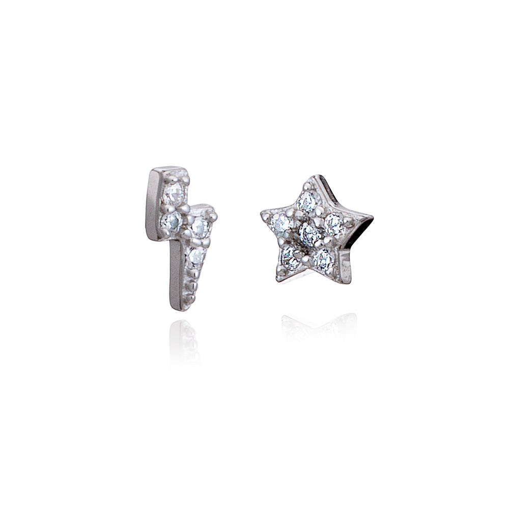Silver Mini Lighting & Star Stud Earrings with Cubic Zirconia - Lulu B Jewellery