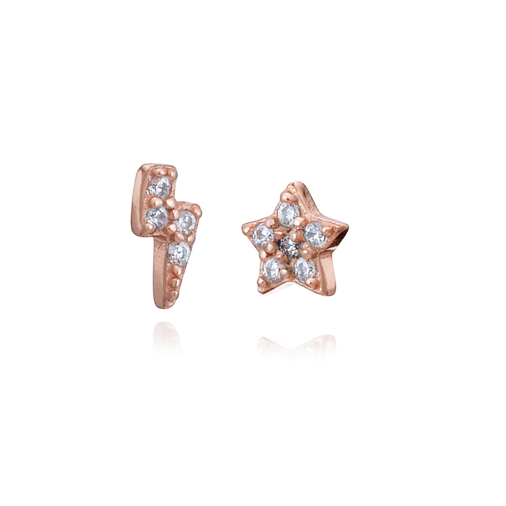 Rose Gold Mini Lighting & Star Stud Earrings with Cubic Zirconia - Lulu B Jewellery