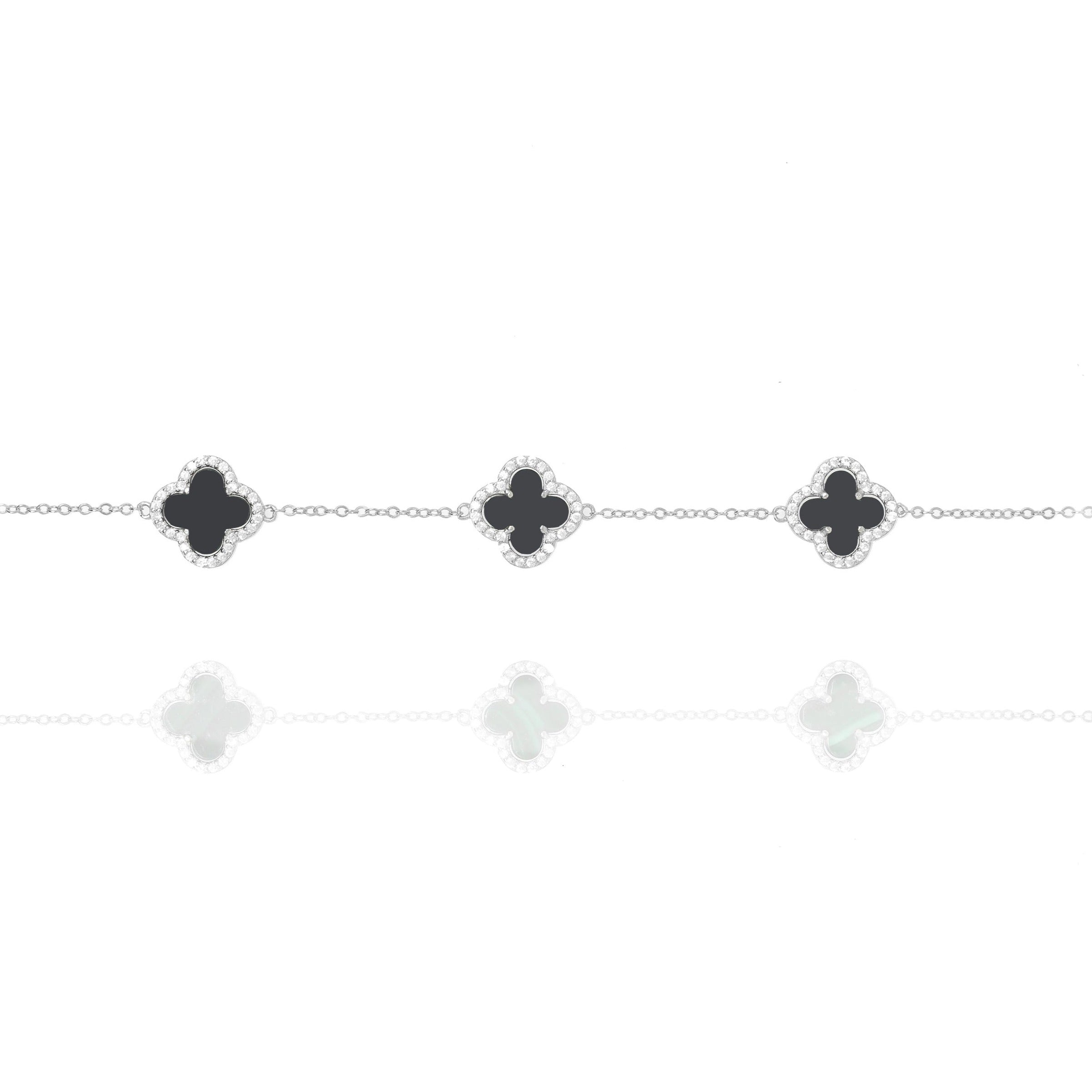 Clover Chain Bracelet with Black Onyx and Cubic Zirconia (Silver)