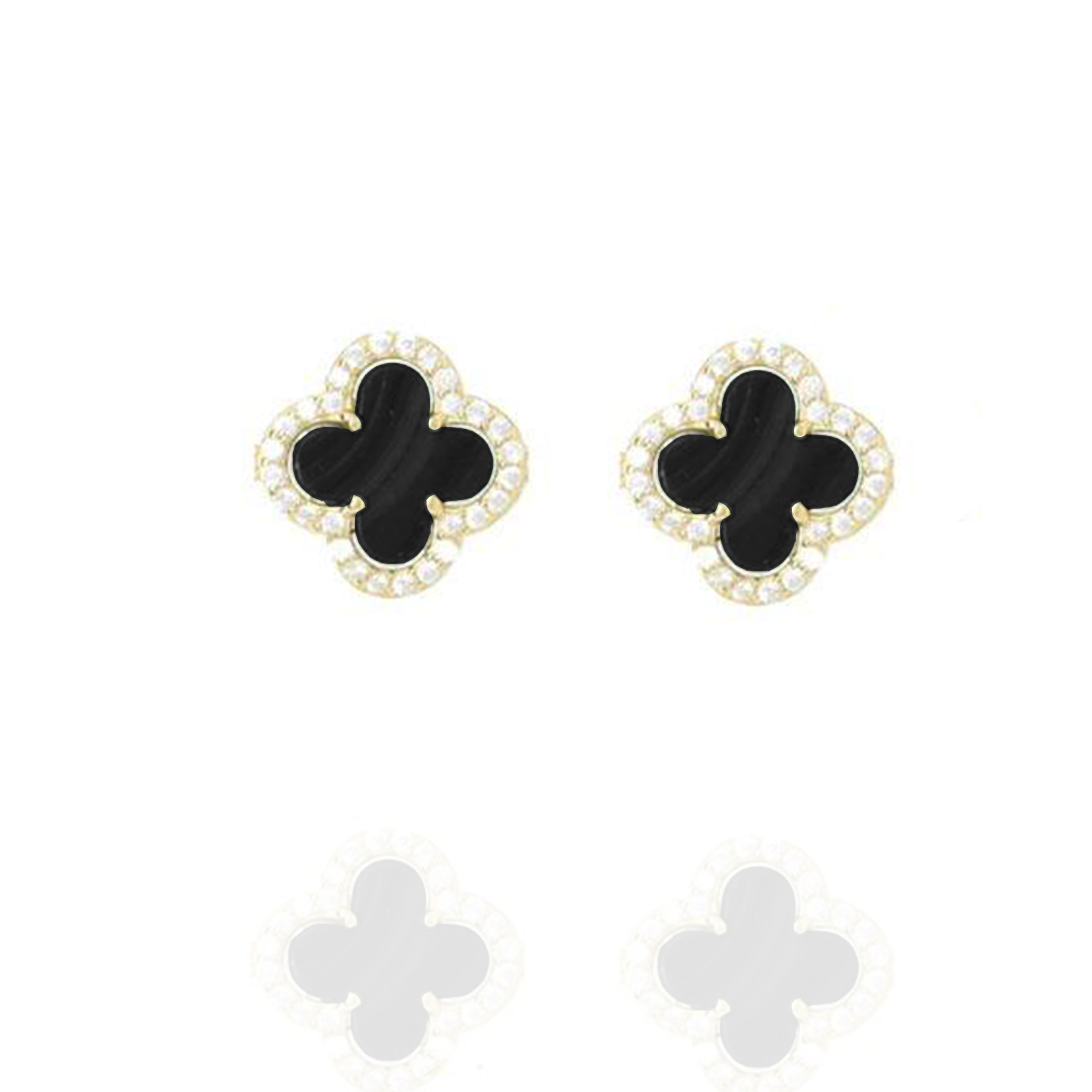 Clover Studs with Black Onyx and Cubic Zirconia (Gold) (Large)