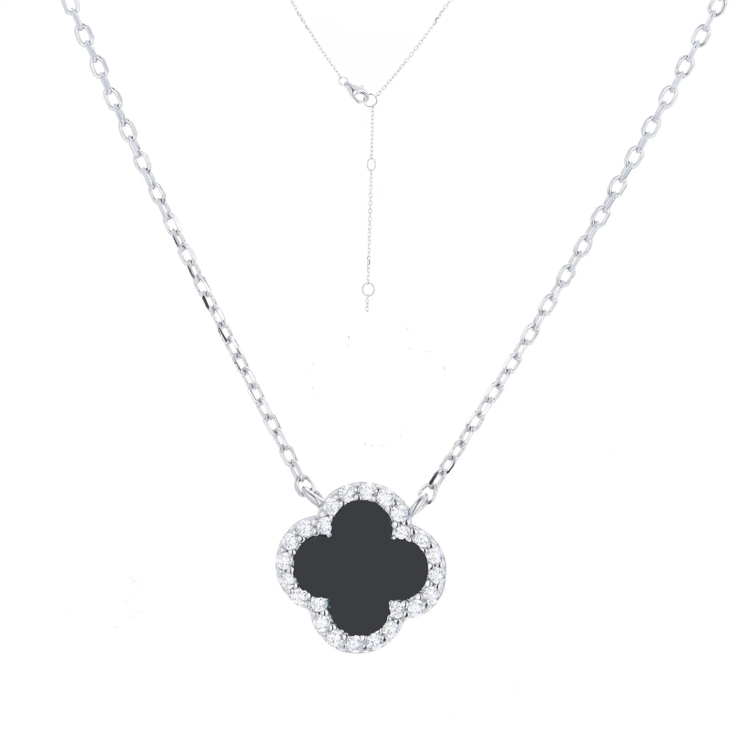 Clover Necklace with Black Onyx and Cubic Zirconia (Silver)