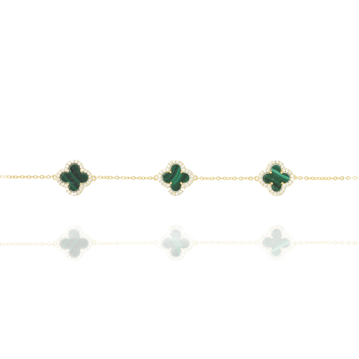 Clover Chain Bracelet with Malachite and Cubic Zirconia (Gold)