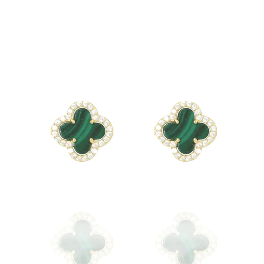 Clover Studs with Malachite and Cubic Zirconia (Gold) (Large)