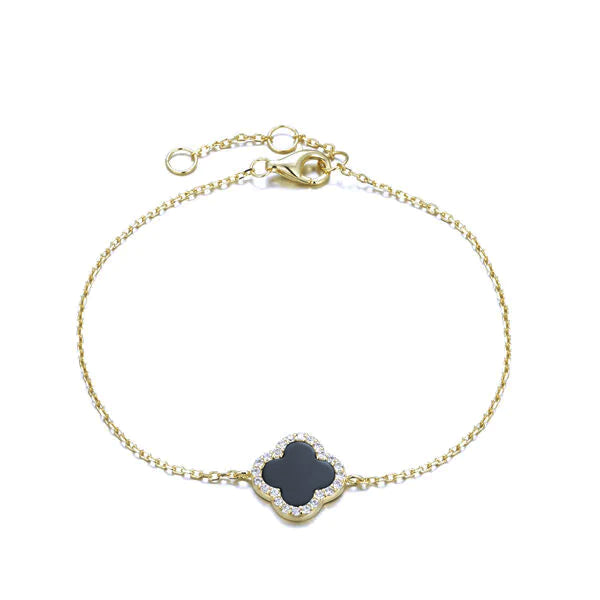 Clover Bracelet with Black Onyx and Cubic Zirconia (Gold)