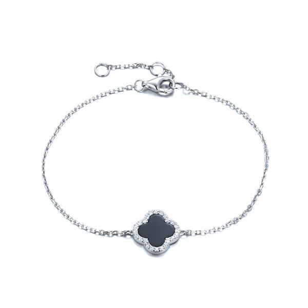 Clover Bracelet with Black Onyx and Cubic Zirconia (Silver)