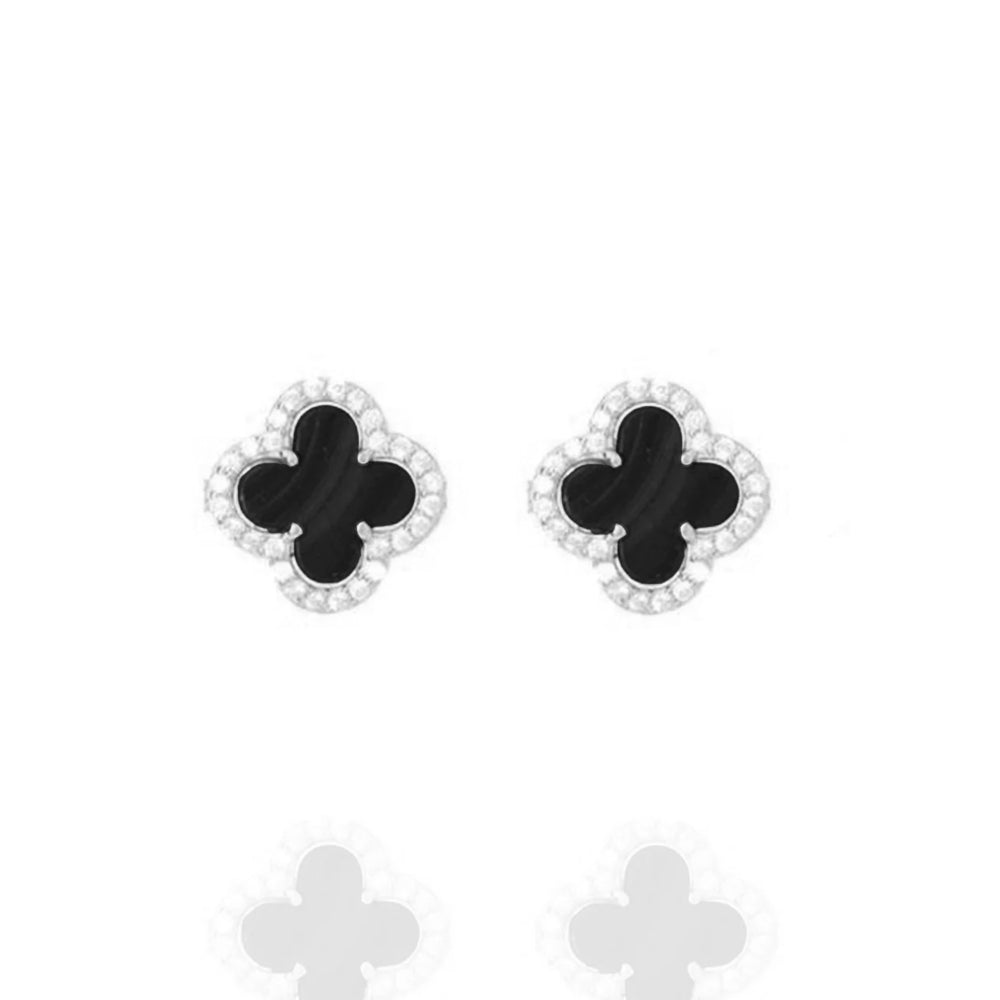 Clover Studs with Black Onyx and Cubic Zirconia (Silver) (Large)