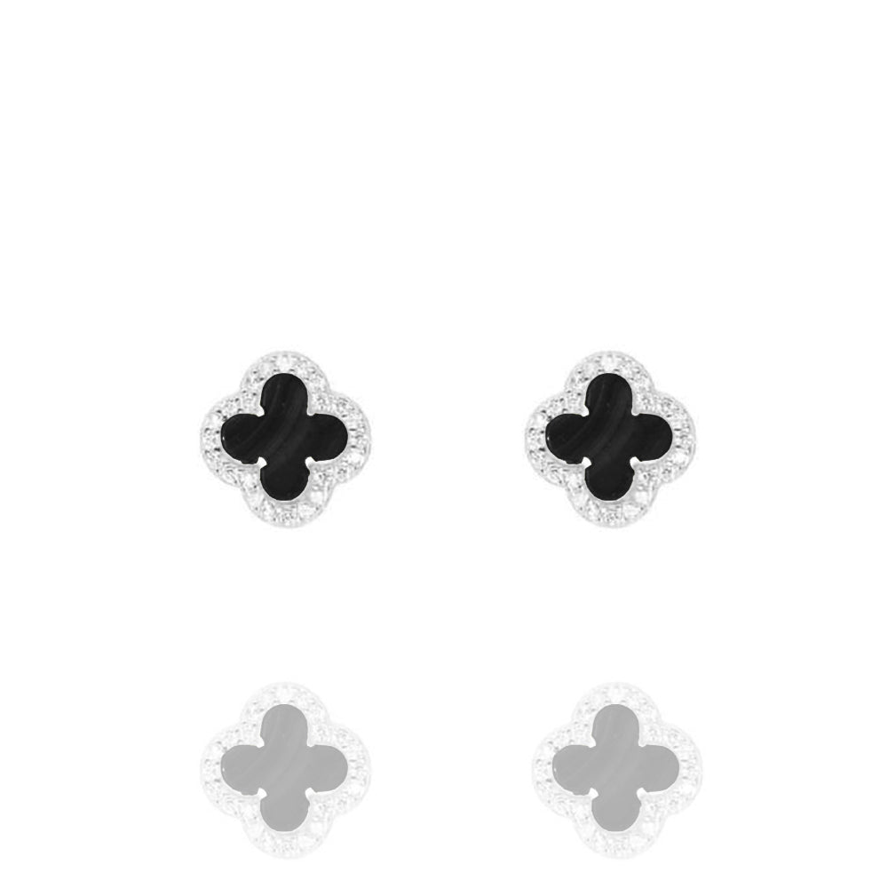 Clover Studs with Black Onyx and Cubic Zirconia (Silver) (Small)
