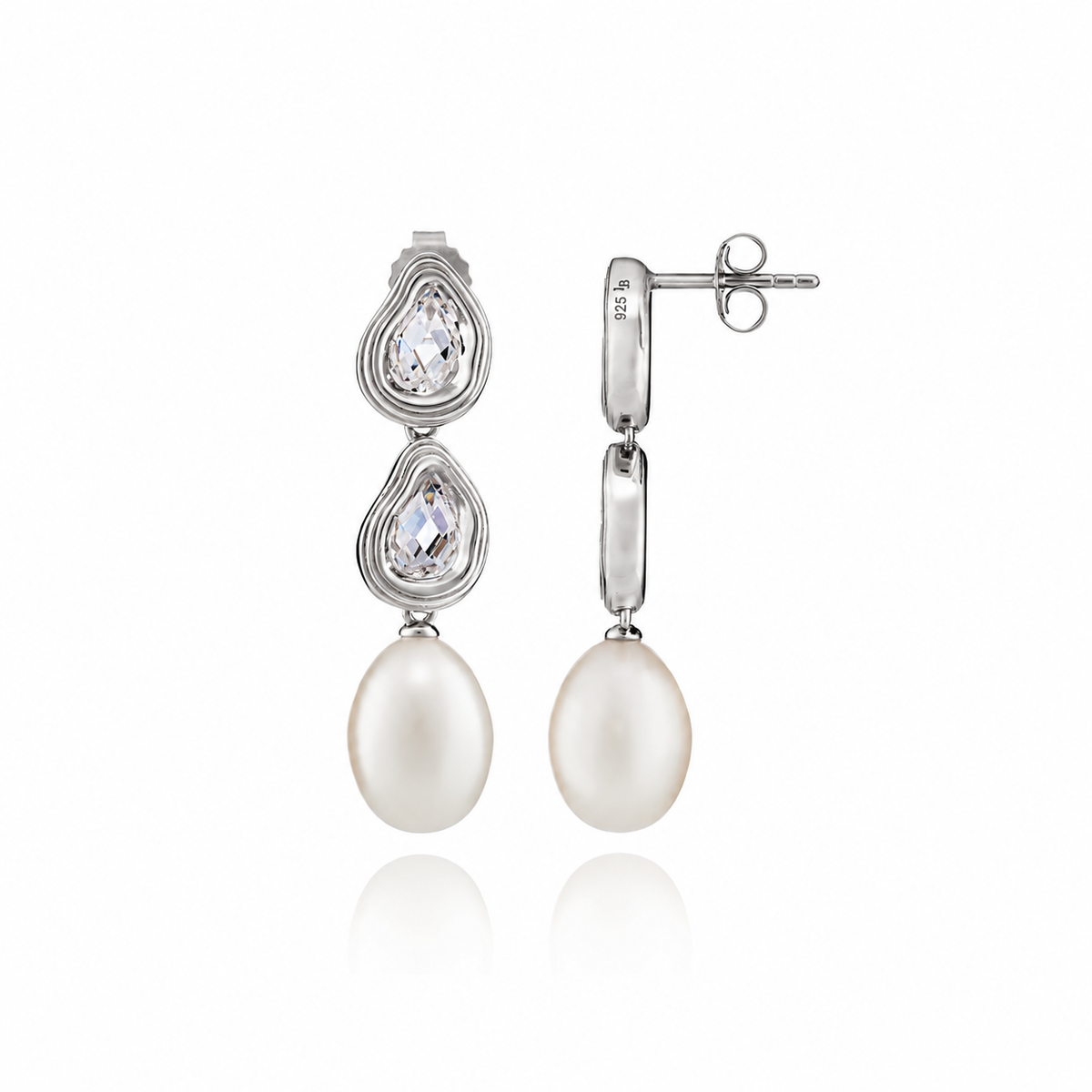 Double Teardrop and Pearl Silver Stud Drop Earrings with Cubic Zirconia - Lulu B London Jewellery