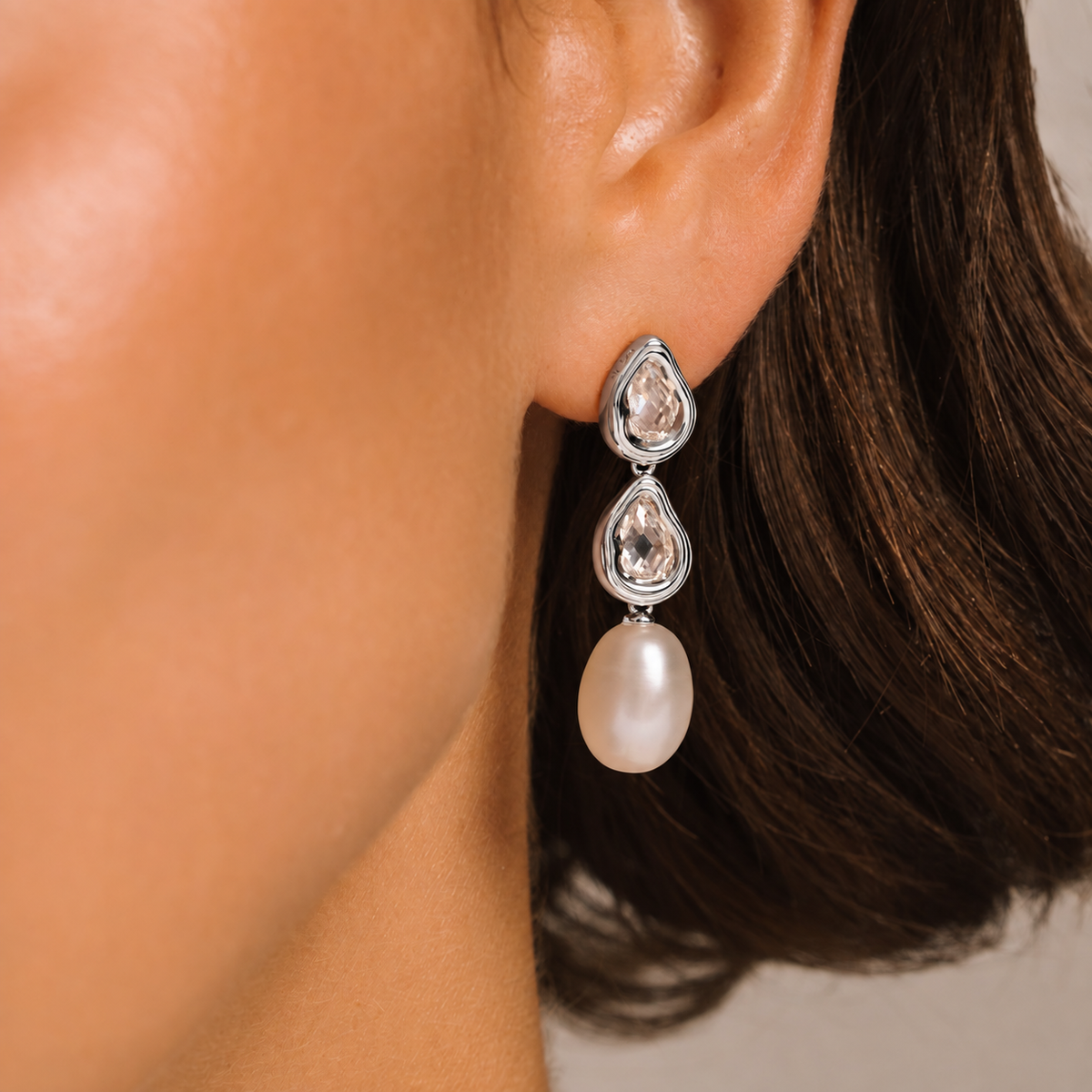 Double Teardrop and Pearl Silver Stud Drop Earrings with Cubic Zirconia