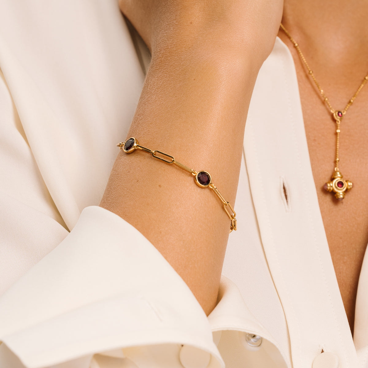 Garnet Gemstone Paperclip Chain Gold Bracelet - Lulu B London