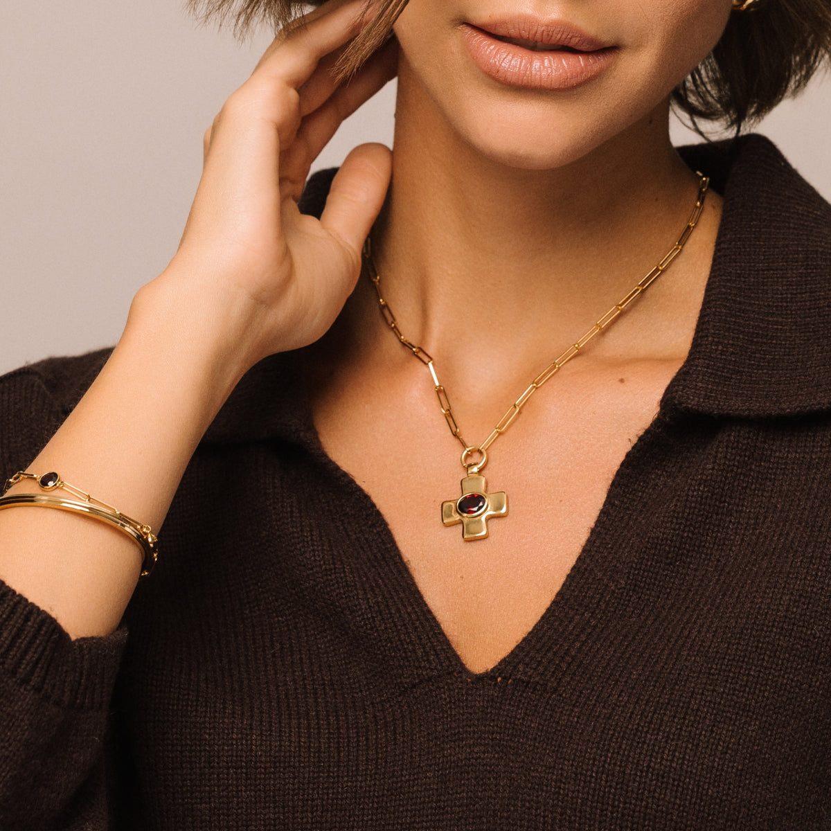 Garnet Cross Paperclip Chain Gold Necklace - Lulu B London Jewellery