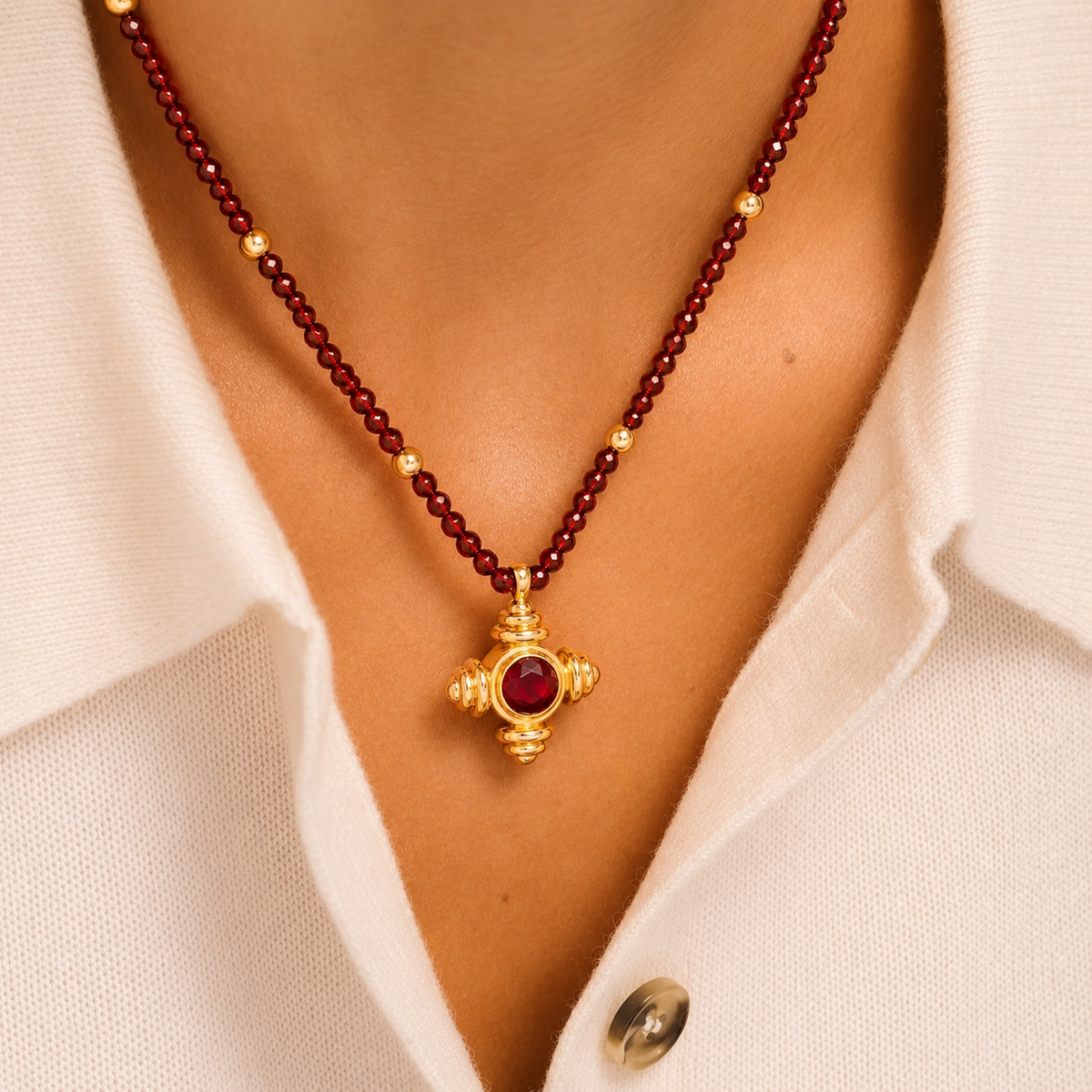 Garnet Beaded Cross Gold Necklace - Lulu B London Jewellery
