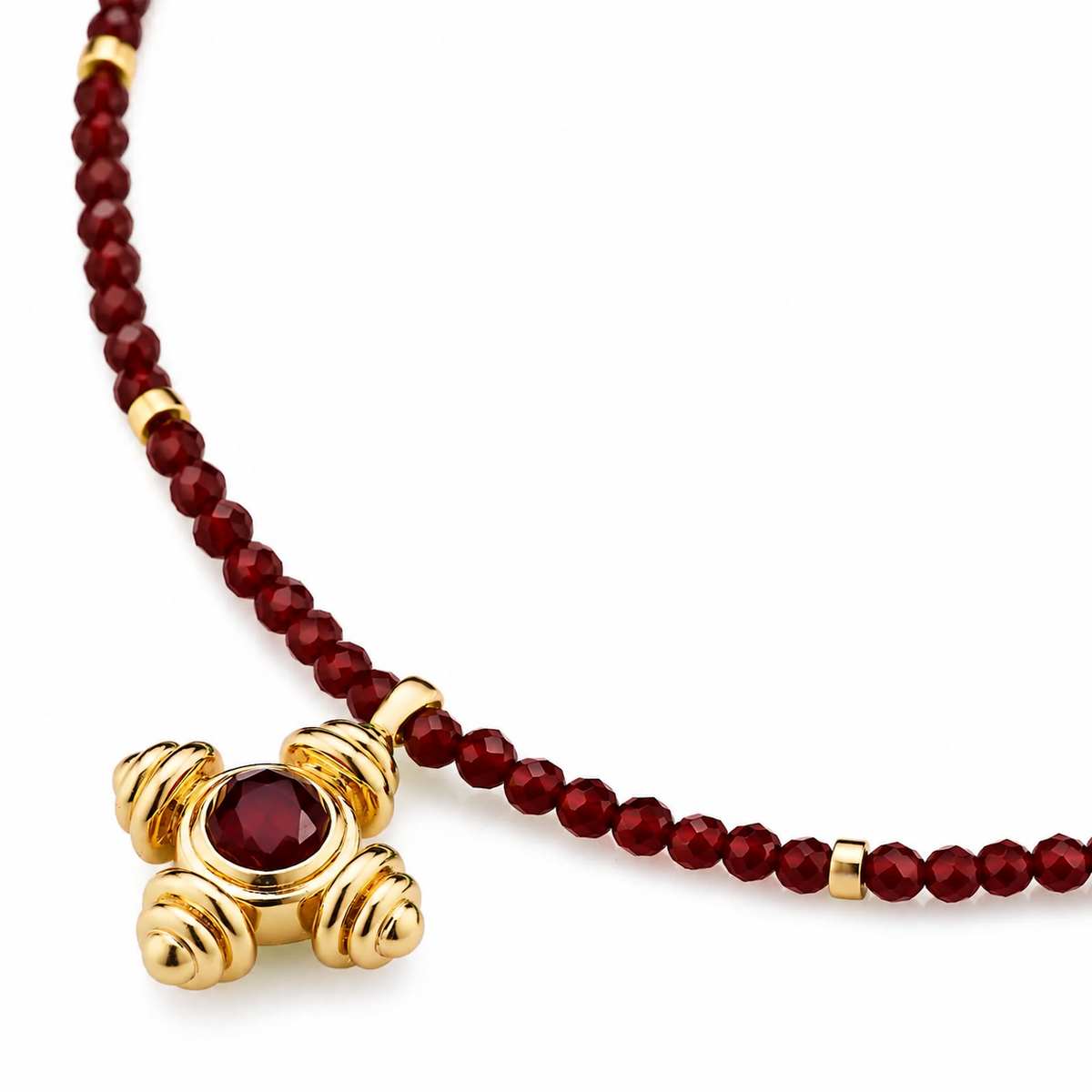 Garnet Beaded Cross Gold Necklace - Lulu B London Jewellery