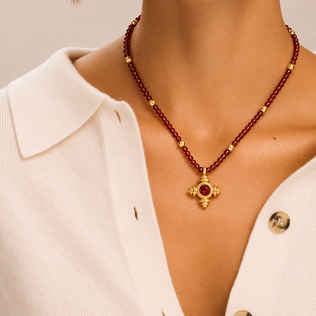 Garnet Beaded Cross Gold Necklace - Lulu B London Jewellery
