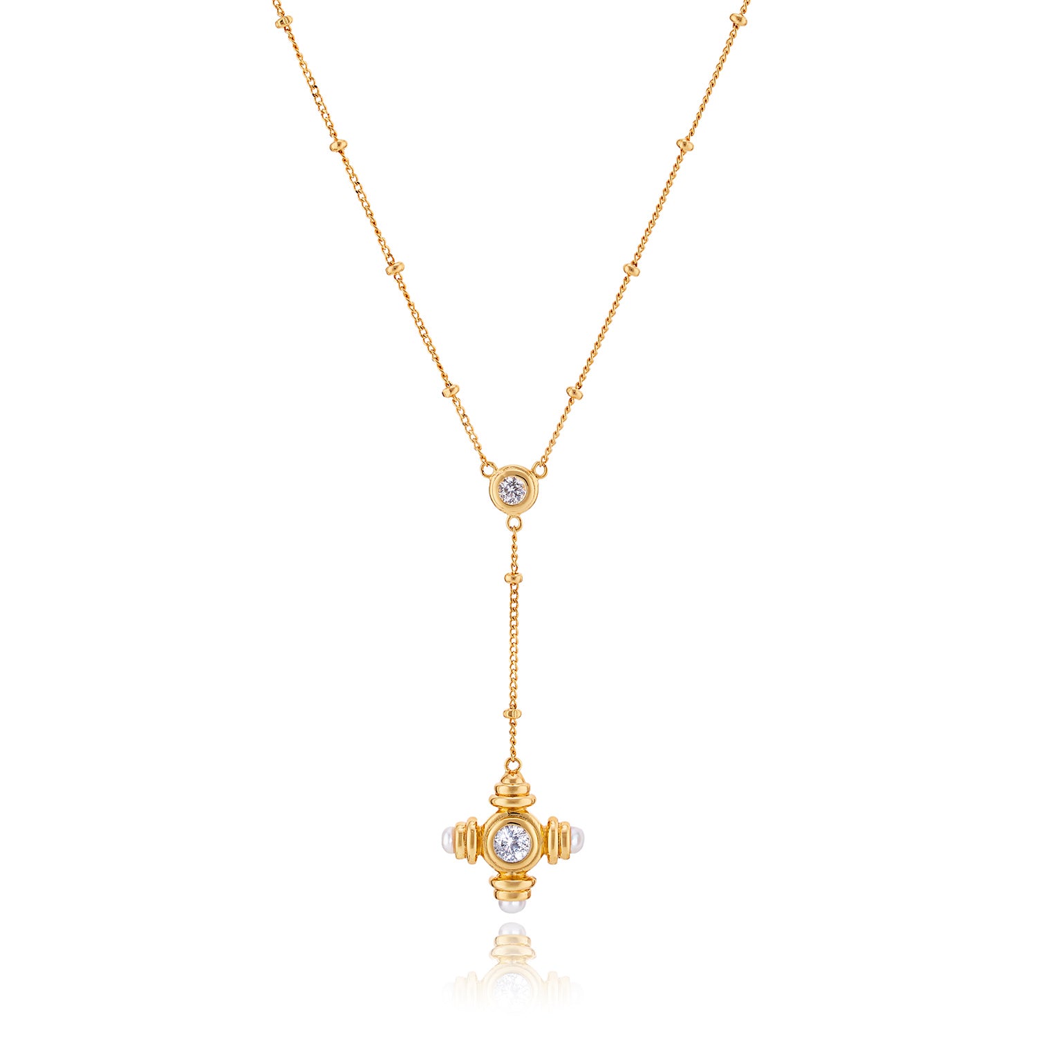 Pearl Cross Gemstone Gold Lariat Necklace - Lulu B London Jewellery