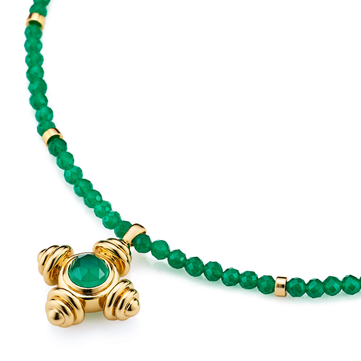 Green Agate Beaded Cross Gold Necklace - Lulu B London Jewellery