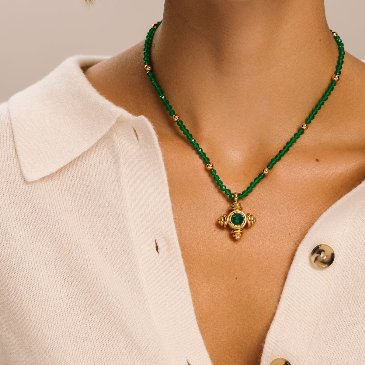 Green Agate Beaded Cross Gold Necklace - Lulu B London Jewellery
