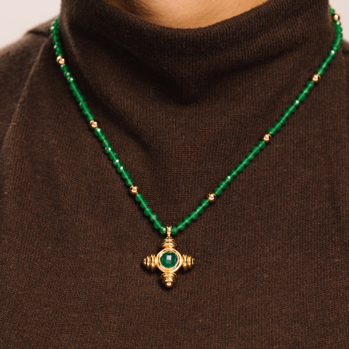 Green Agate Beaded Cross Gold Necklace - Lulu B London Jewellery