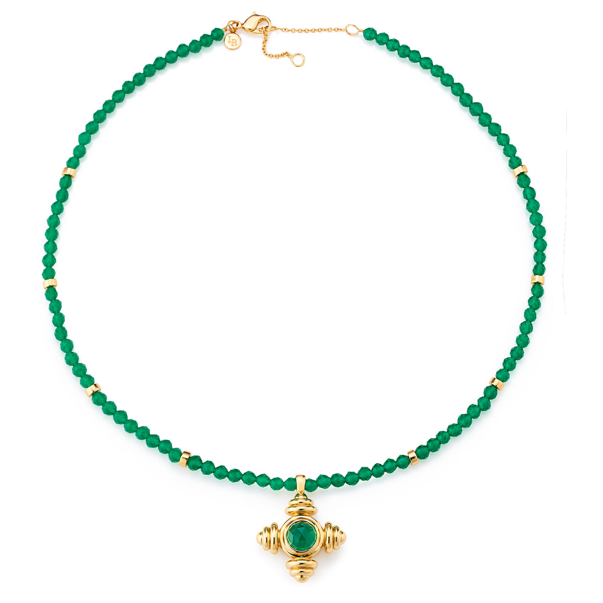Green Agate Beaded Cross Gold Necklace - Lulu B London Jewellery