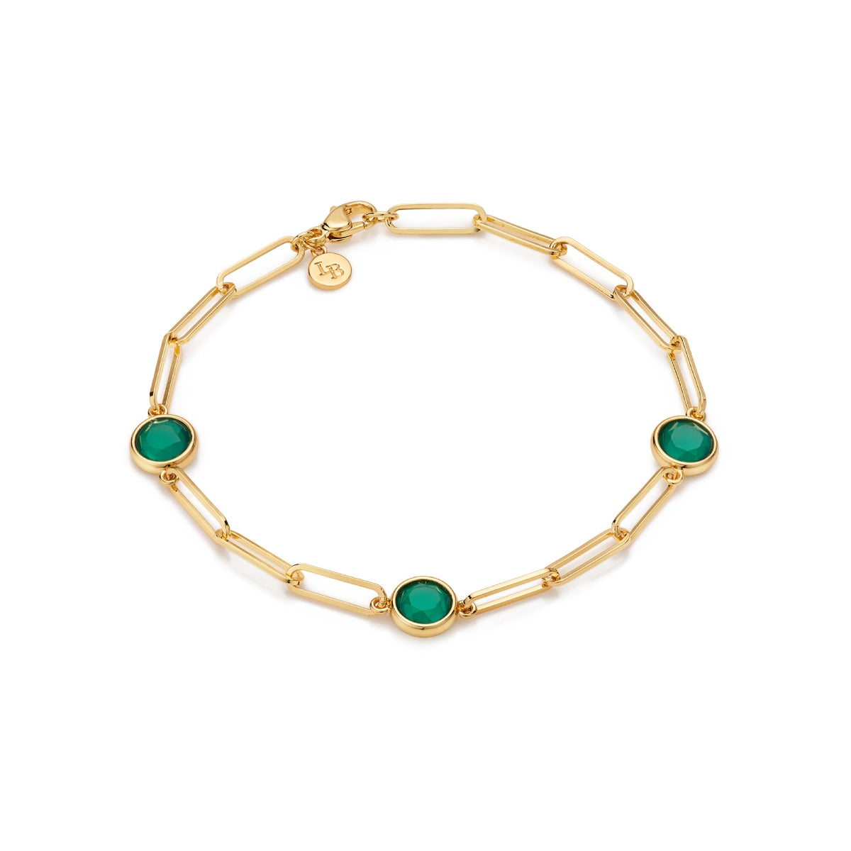 Green Agate Gemstone Paperclip Chain Gold Bracelet - Lulu B London Jewellery