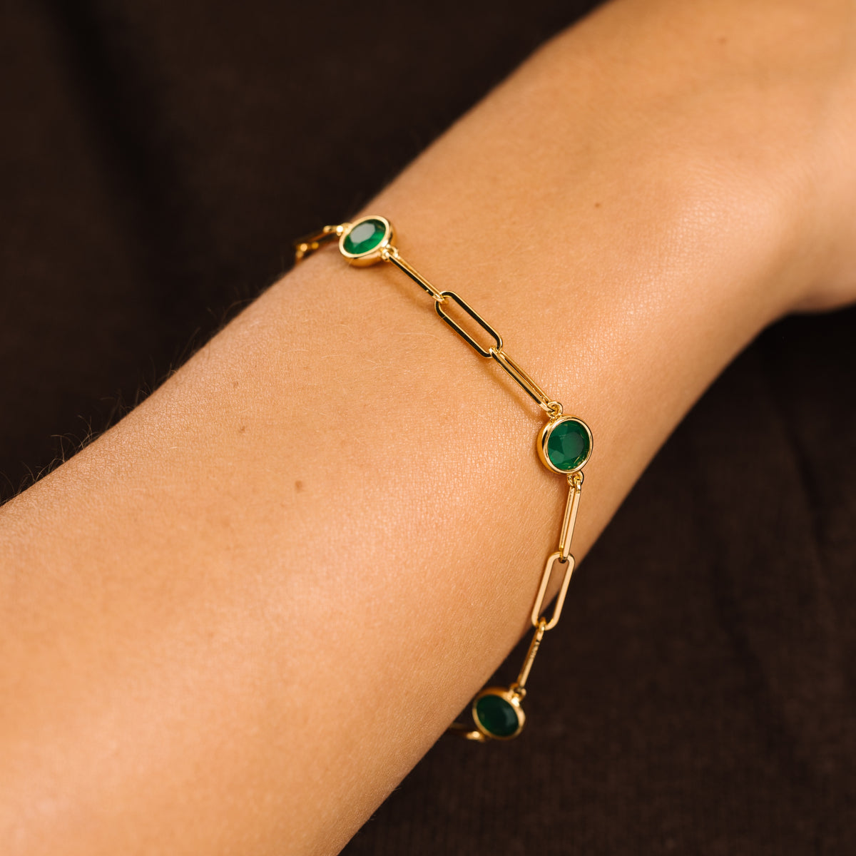Green Agate Gemstone Paperclip Chain Gold Bracelet - Lulu B London Jewellery