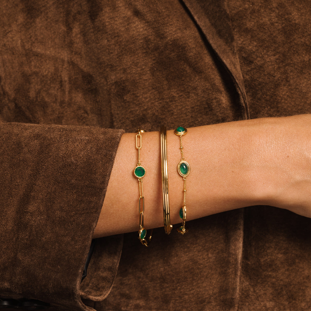 Green Agate Gemstone Paperclip Chain Gold Bracelet - Lulu B London Jewellery
