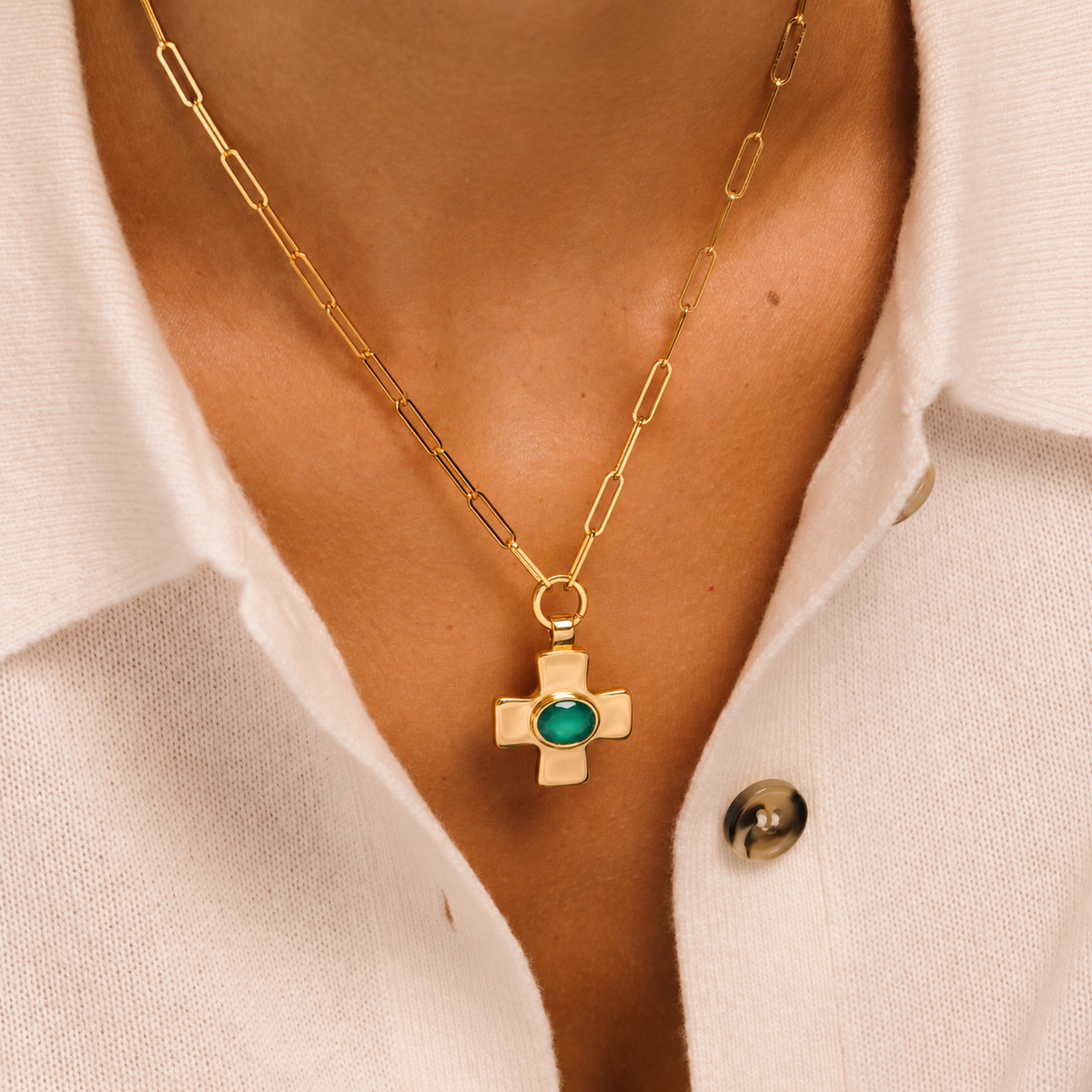 Green Agate Cross Paperclip Chain Gold Necklace - Lulu B London Jewellery