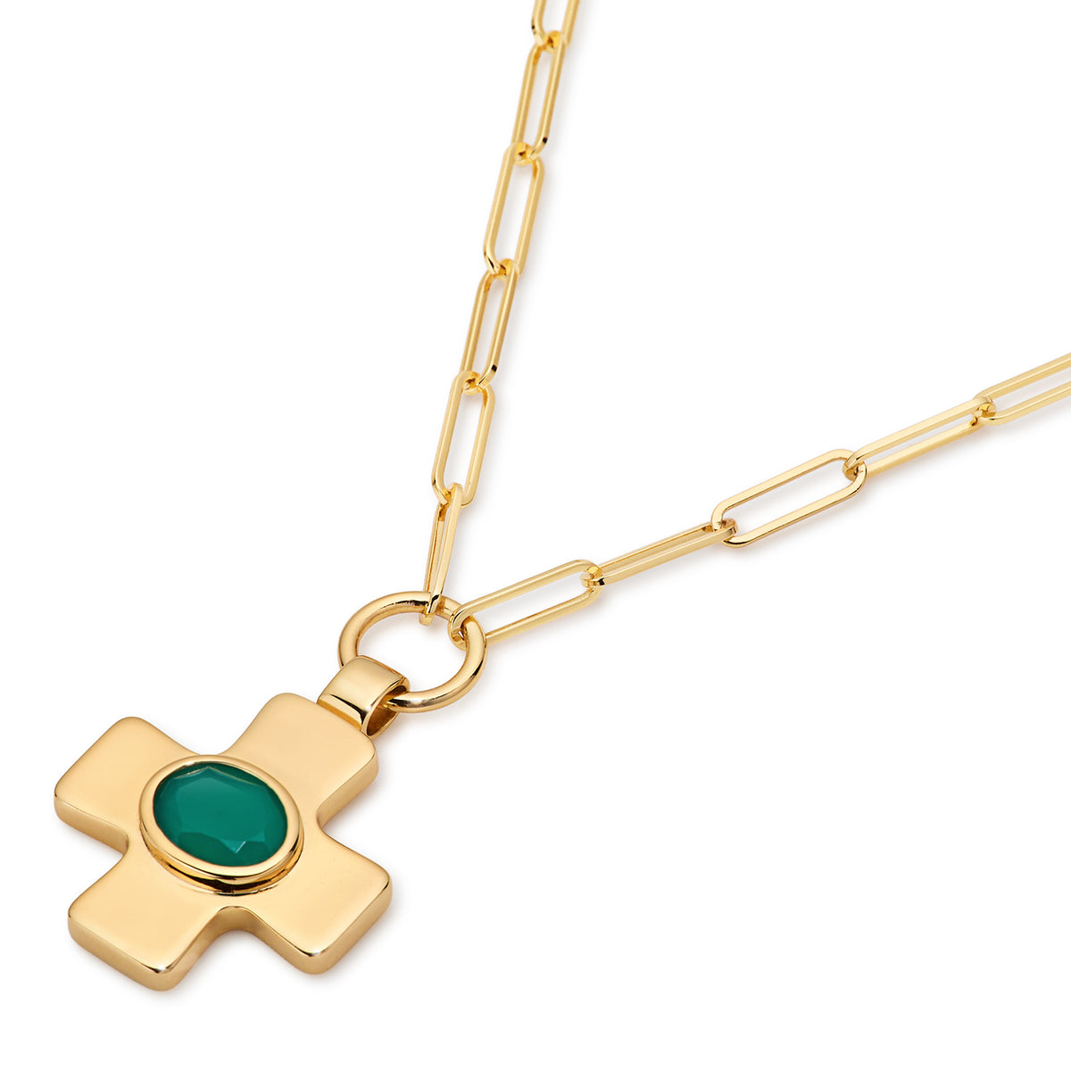 Green Agate Cross Paperclip Chain Gold Necklace - Lulu B London Jewellery