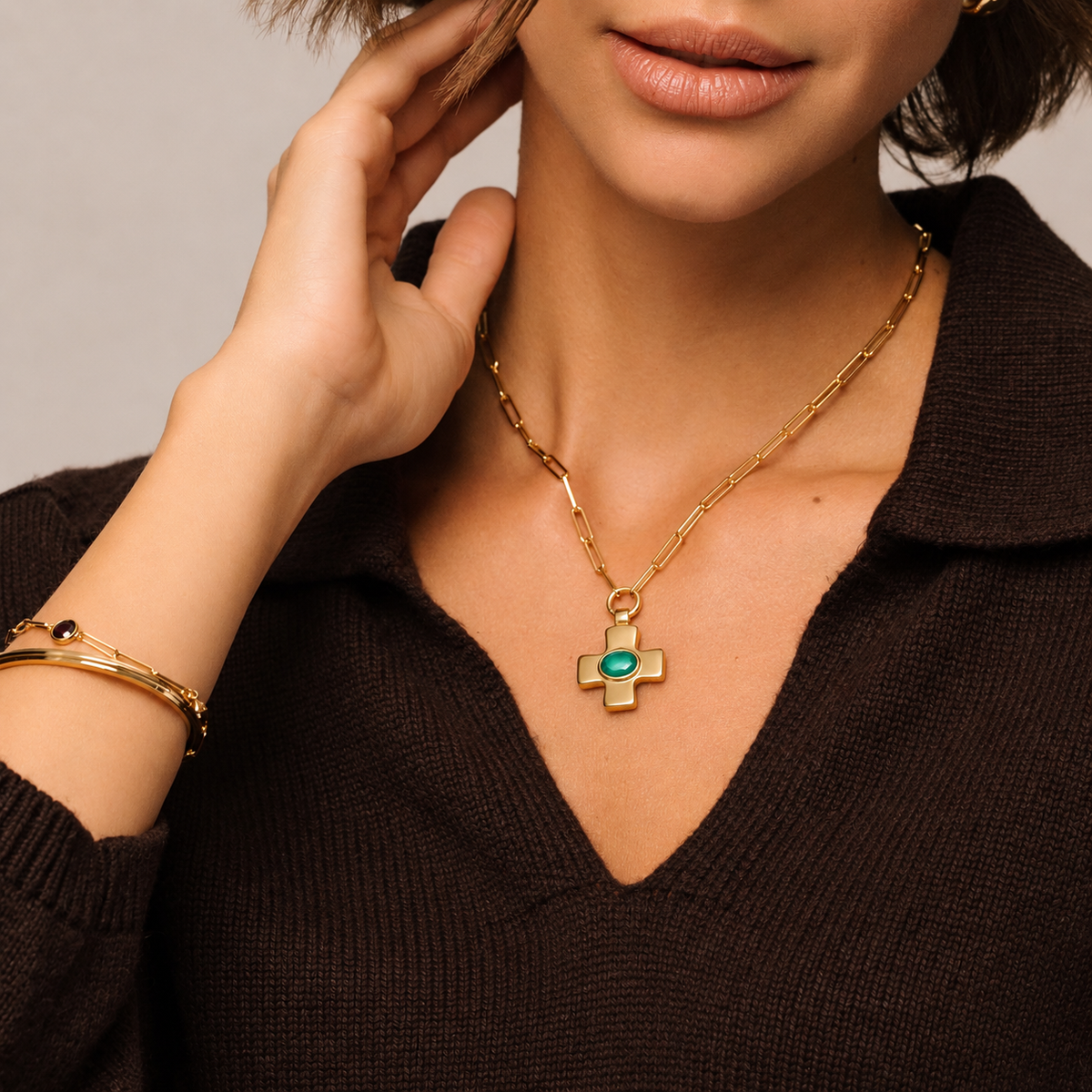 Green Agate Cross Paperclip Chain Gold Necklace - Lulu B London Jewellery