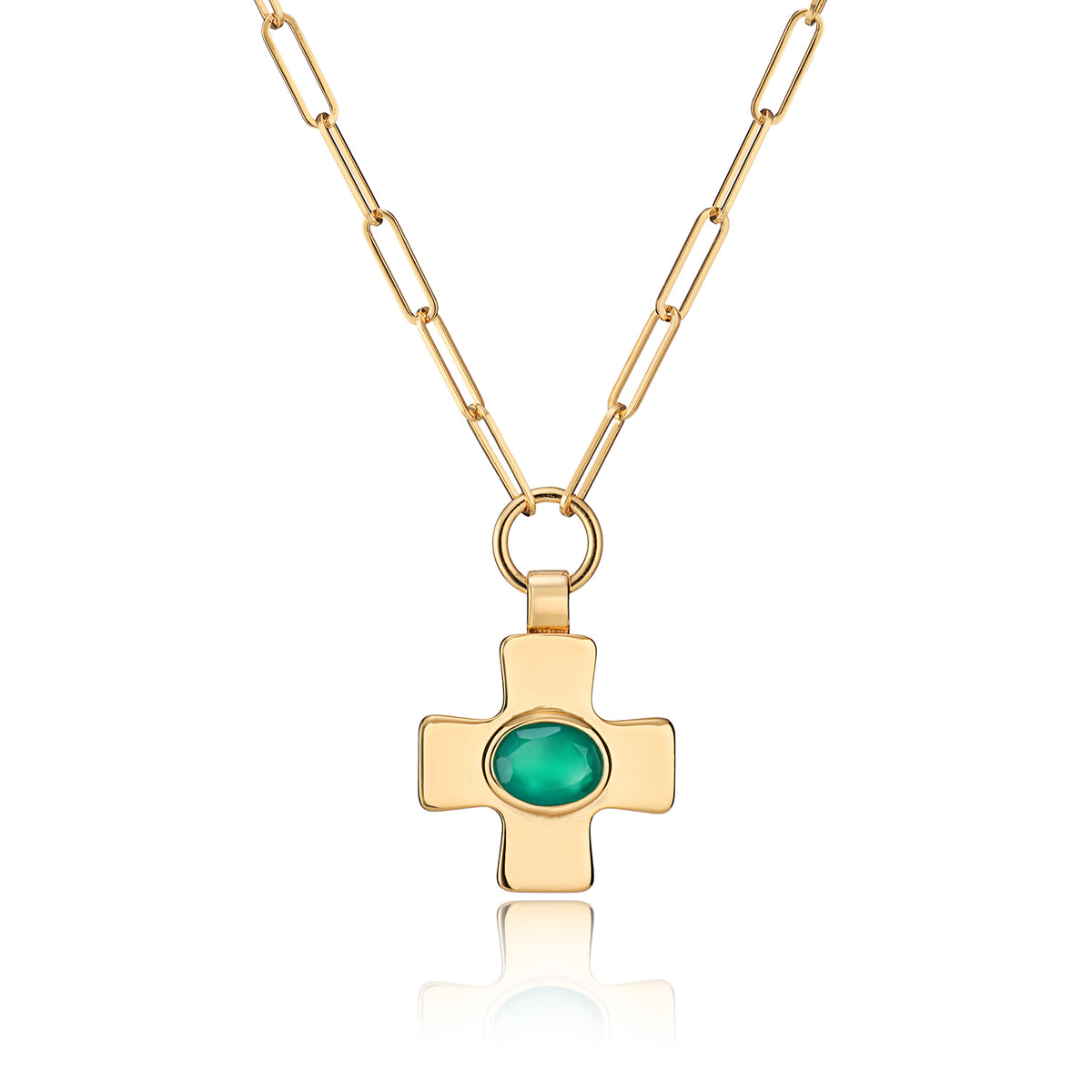Green Agate Cross Paperclip Chain Gold Necklace - Lulu B London Jewellery