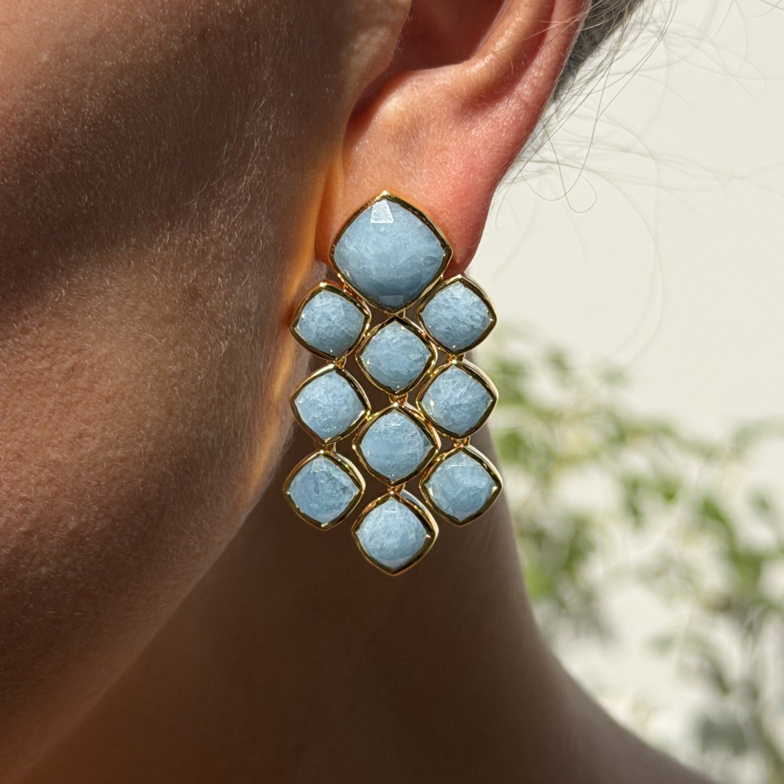 Aquamarine Chandelier Gemstone Gold Earrings