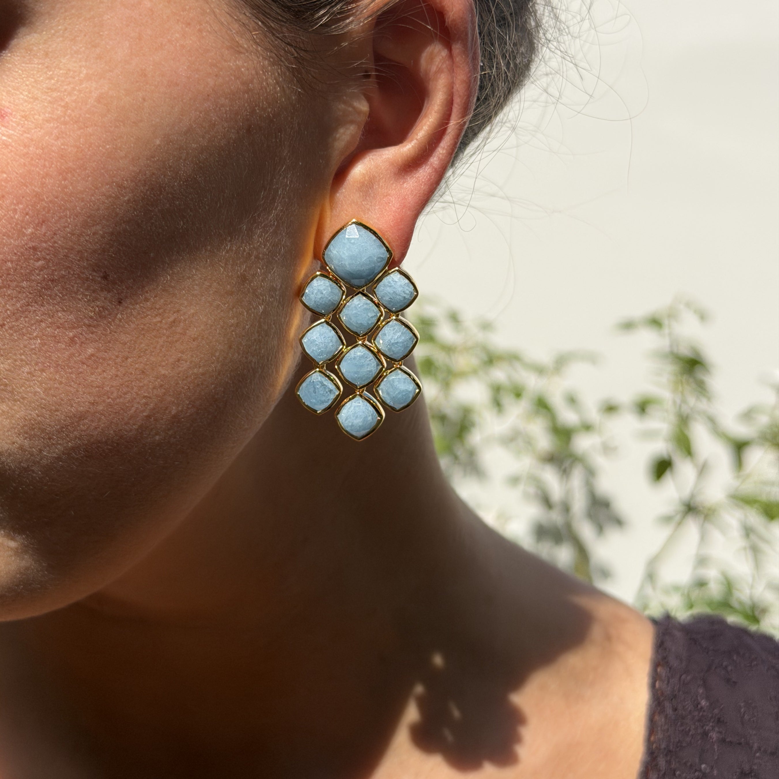 Aquamarine Chandelier Gemstone Gold Earrings