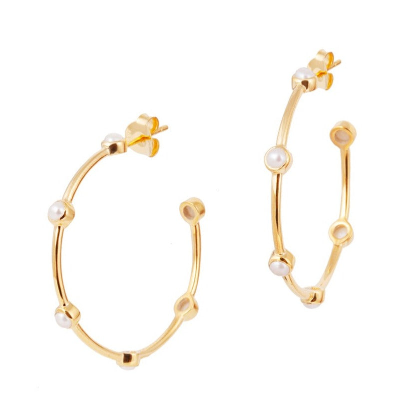 Pearl Studded Gold Hoop Earrings (Large) - Amica