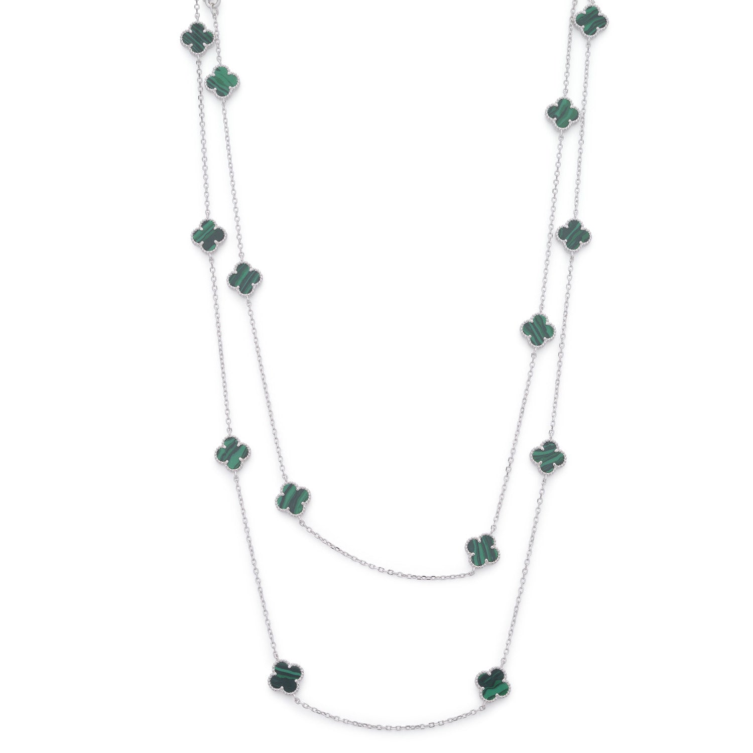 Clover Necklace with Malachite (Long) (Silver)