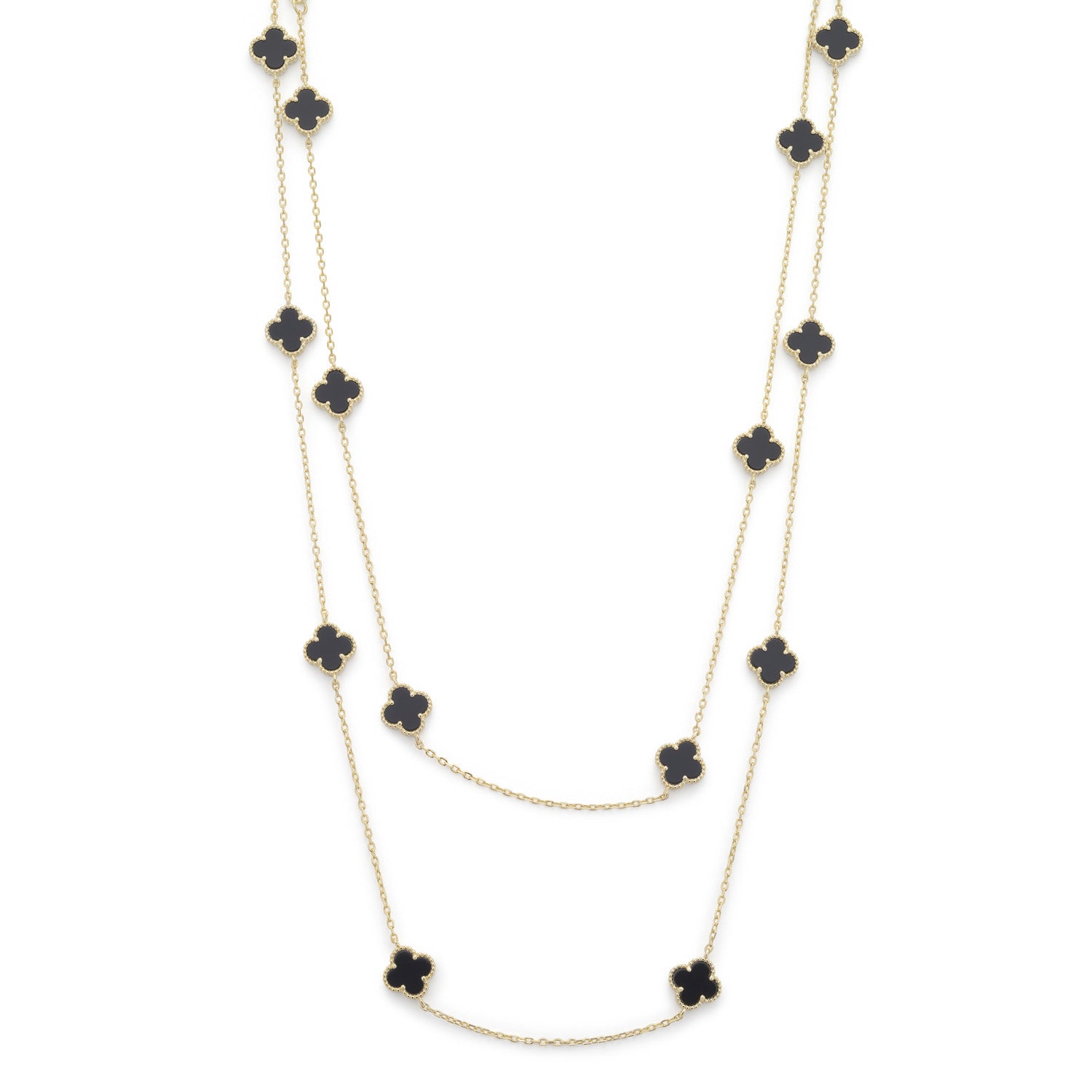 Clover Necklace with Black Onyx (Long) (Gold)
