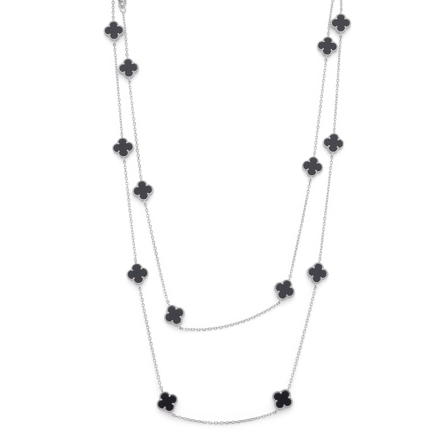 Clover Necklace with Black Onyx (Long) (Silver)