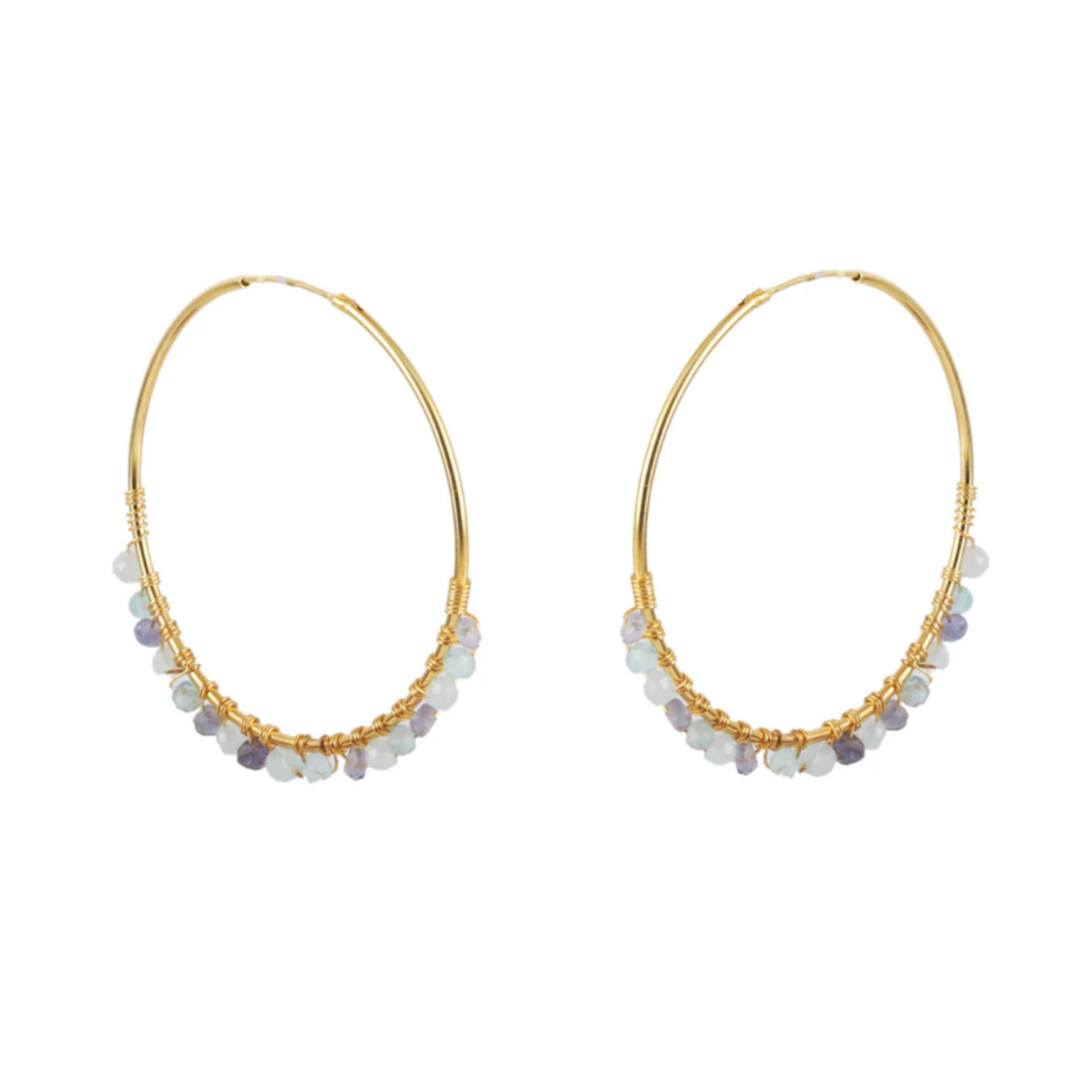 Gold Beaded Hoop Earrings with Aquamarine, Iolite & Peridot - Willow