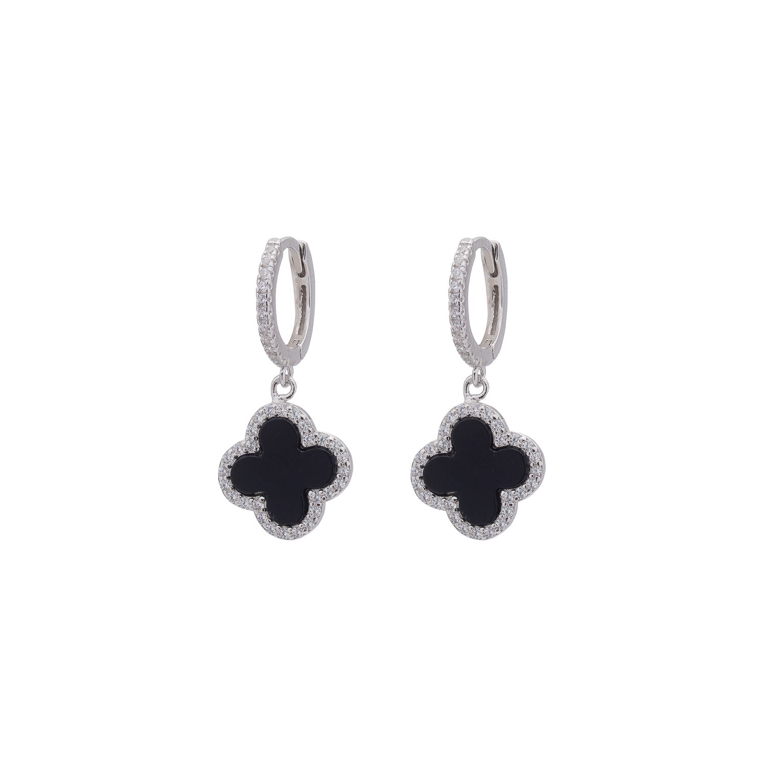 Clover Hoops with Black Onyx and Cubic Zirconia (Silver) (Large)