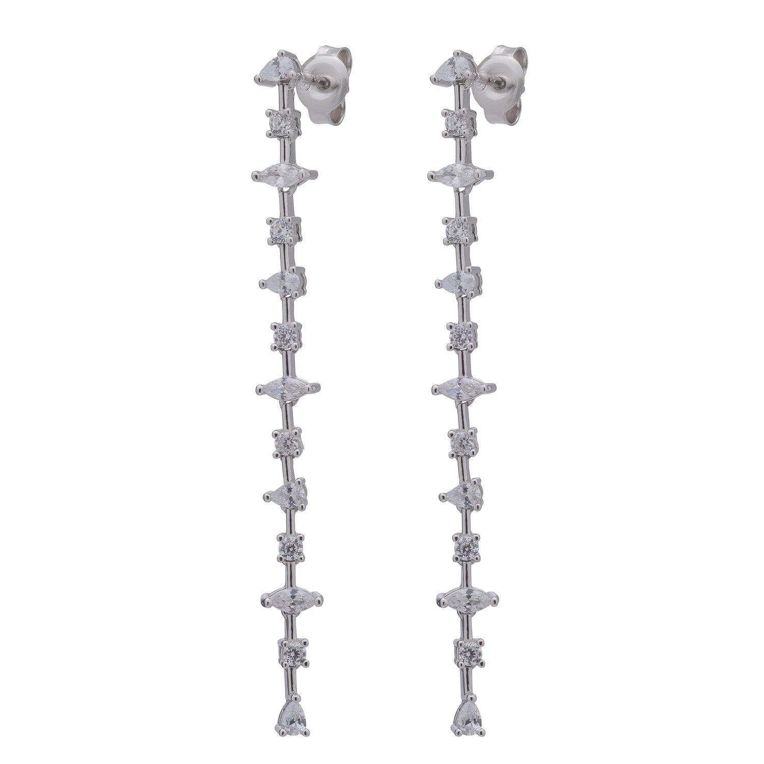 Cubic Zirconia Long Silver Stud Drop Earrings - Brooke