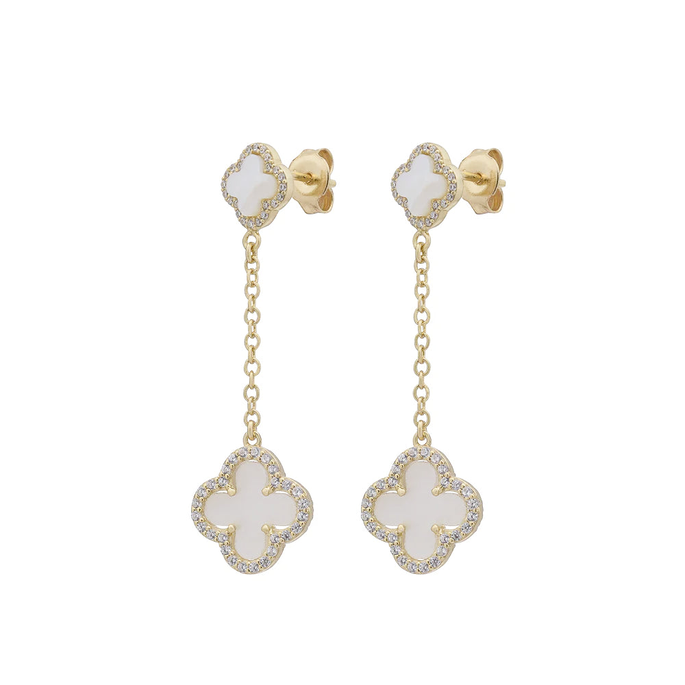 Clover Stud Drop Earrings with Mother of Pearl and Cubic Zirconia (Gold)