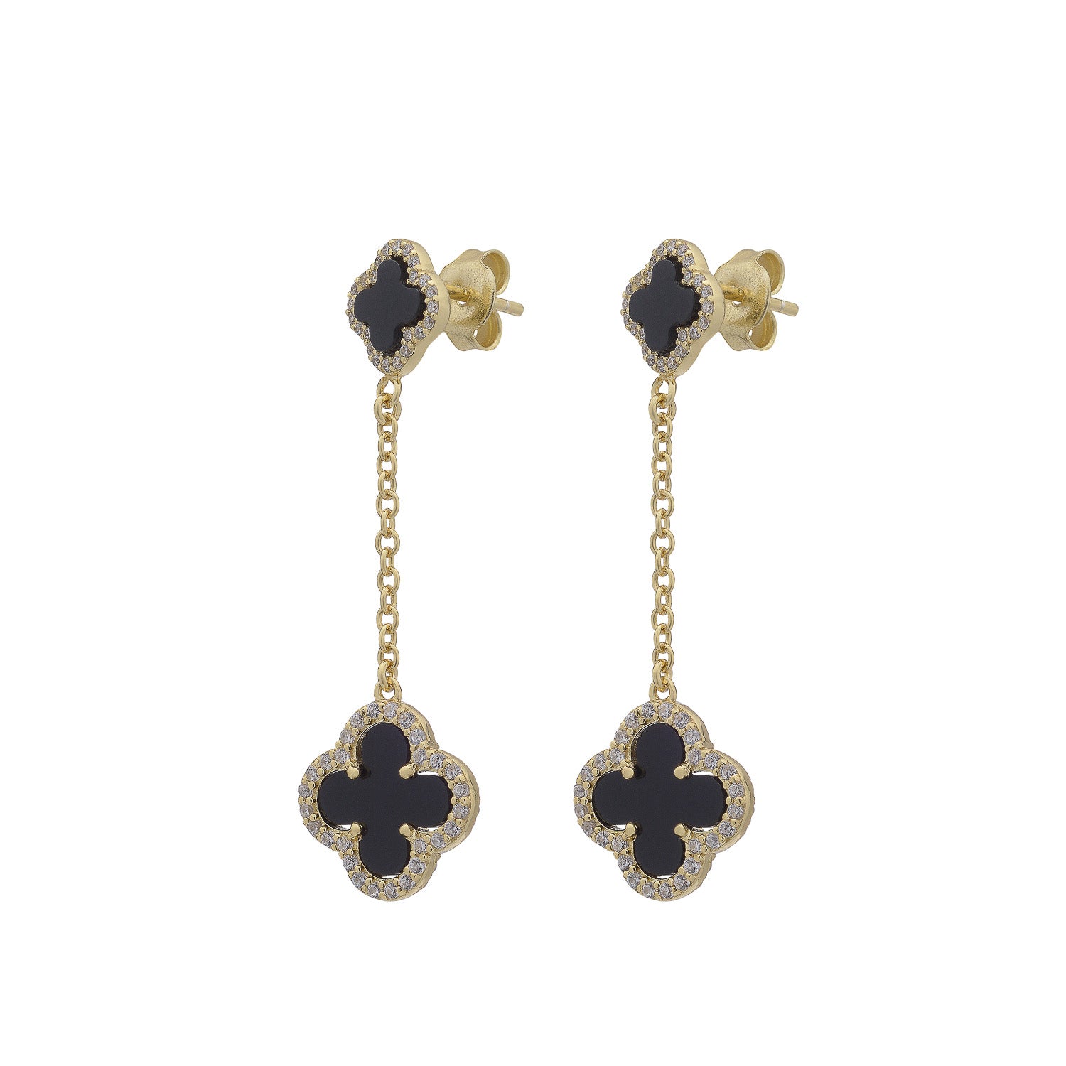 Clover Stud Drop Earrings with Black Onyx and Cubic Zirconia (Gold)