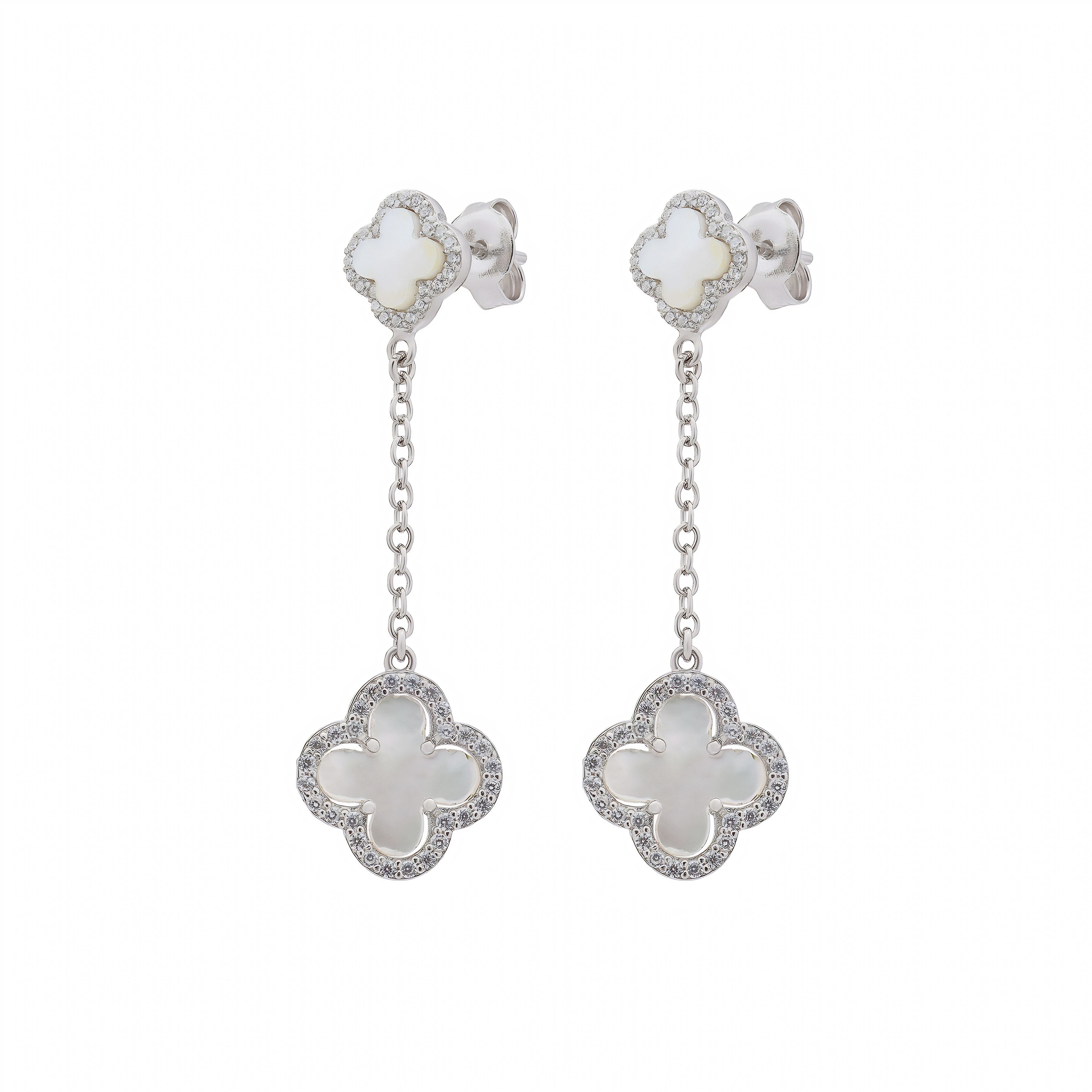 Clover Stud Drop Earrings with Mother of Pearl and Cubic Zirconia (Silver)