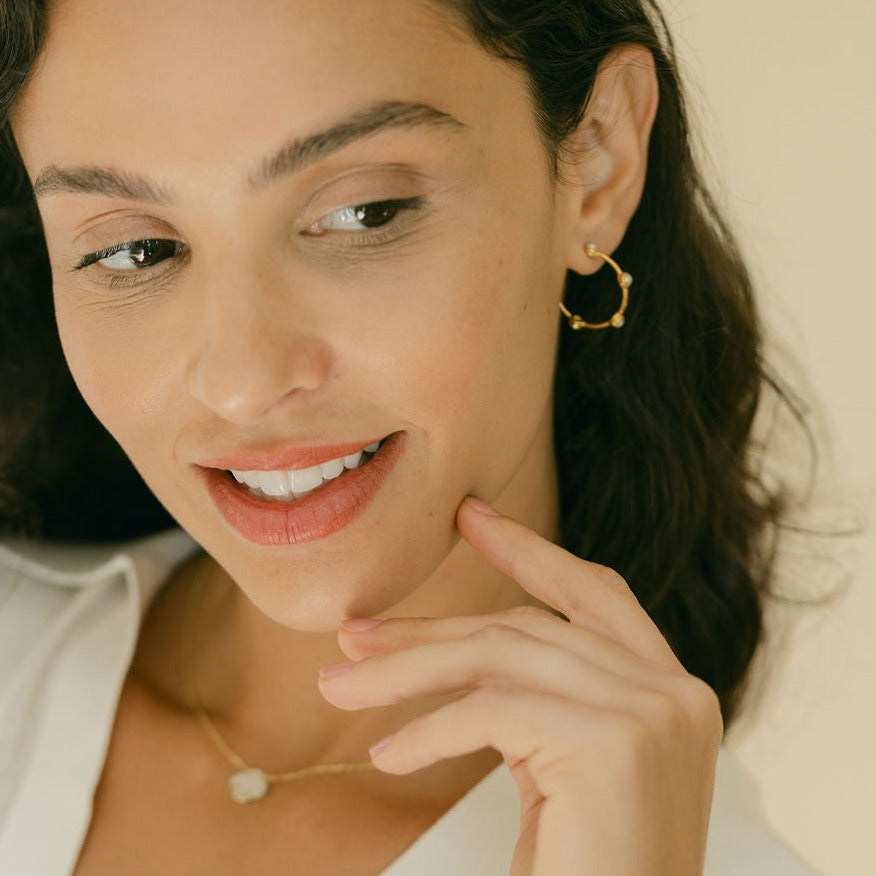 Pearl Studded Gold Hoop Earrings (Medium) - Amica