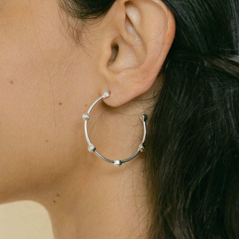 Pearl Studded Silver Hoop Earrings (Large) - Amica