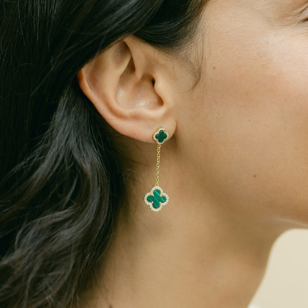 Clover Stud Drop Earrings with Malachite and Cubic Zirconia (Silver)