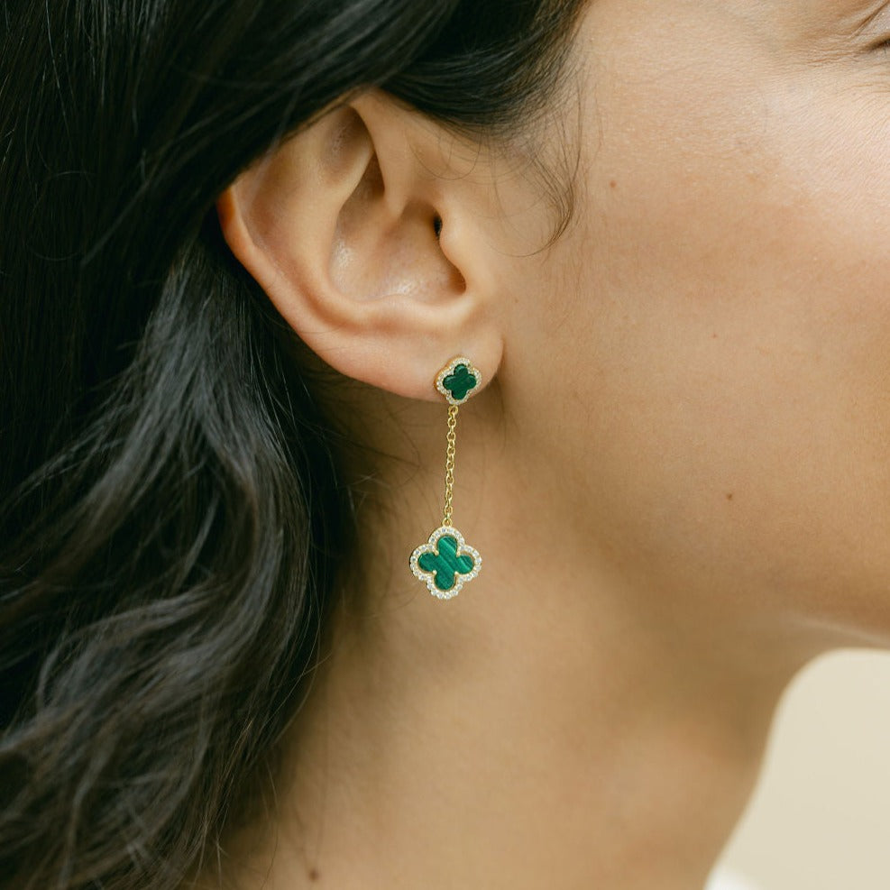 Clover Stud Drop Earrings with Malachite and Cubic Zirconia (Gold)