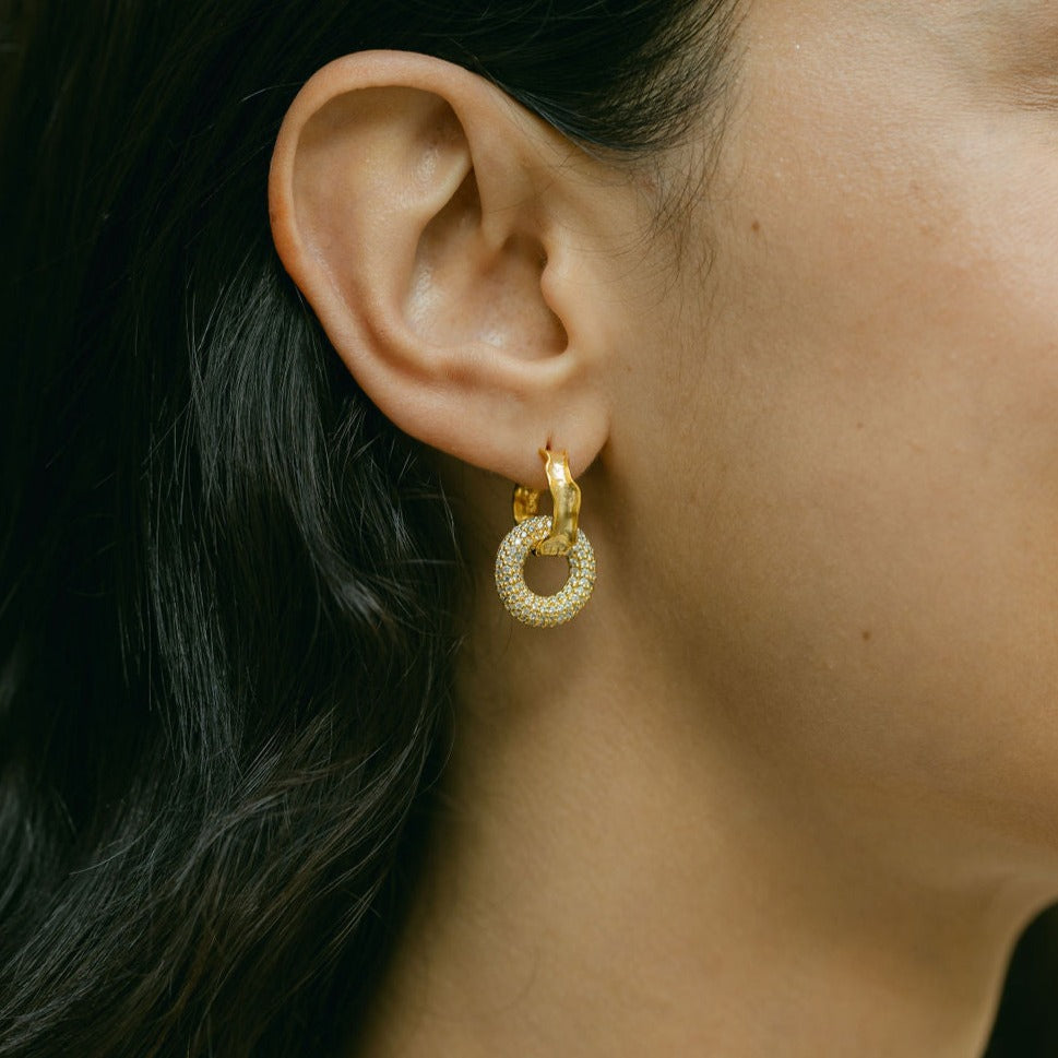 Hammered Gold Hoop Earrings with Pavé Drop - Eloise